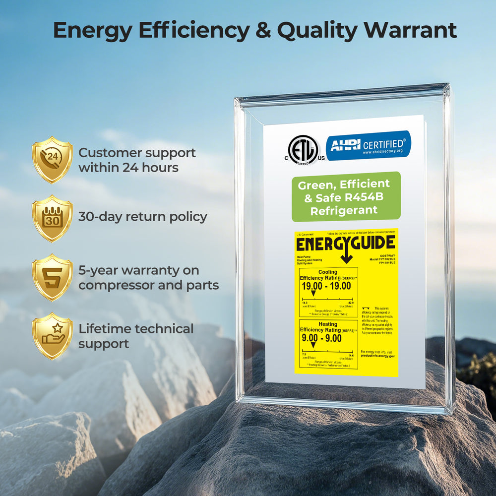 Energy efficiency and warranty details for the 3 Ton 19 SEER2 High-Performance Heat Pump System.