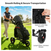 3 Wheel Golf Bag Cart featuring adjustable handle, large wear-resistant wheels, and multiple pockets for organized.