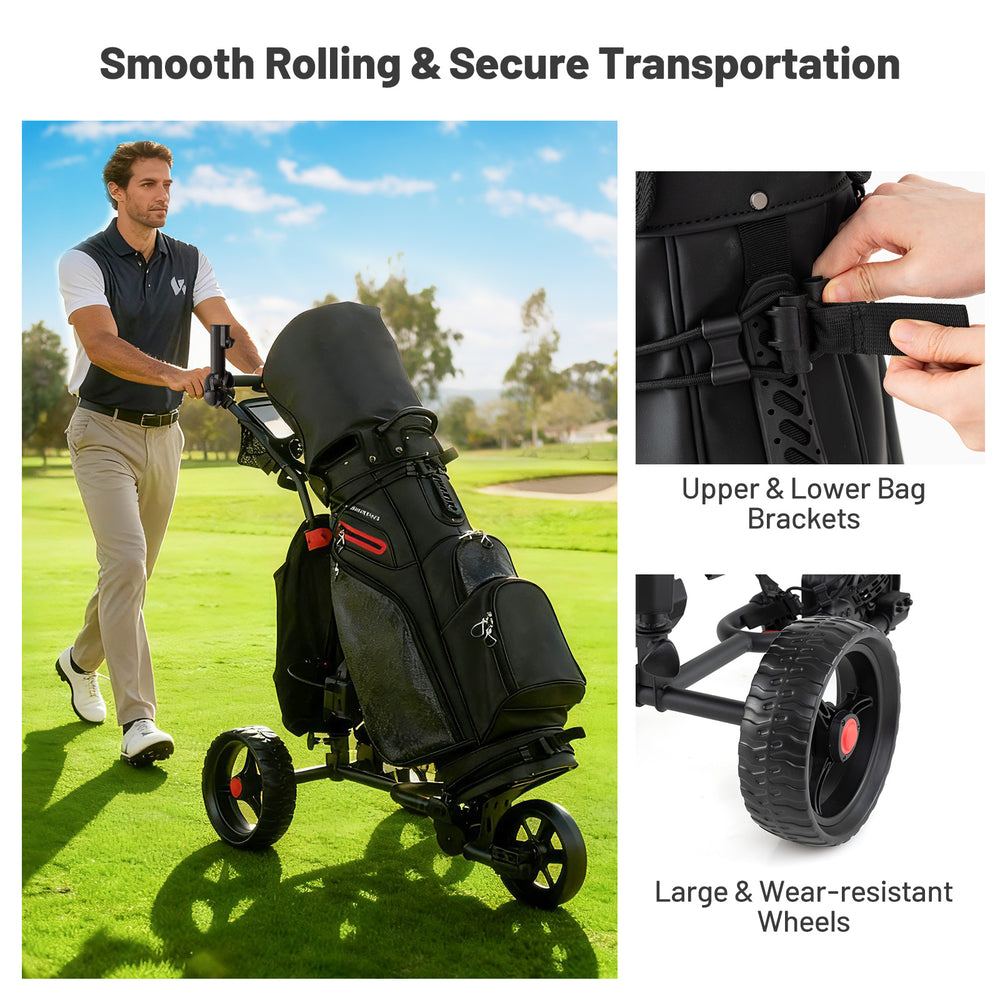 3 Wheel Golf Bag Cart featuring adjustable handle, large wear-resistant wheels, and multiple pockets for organized.