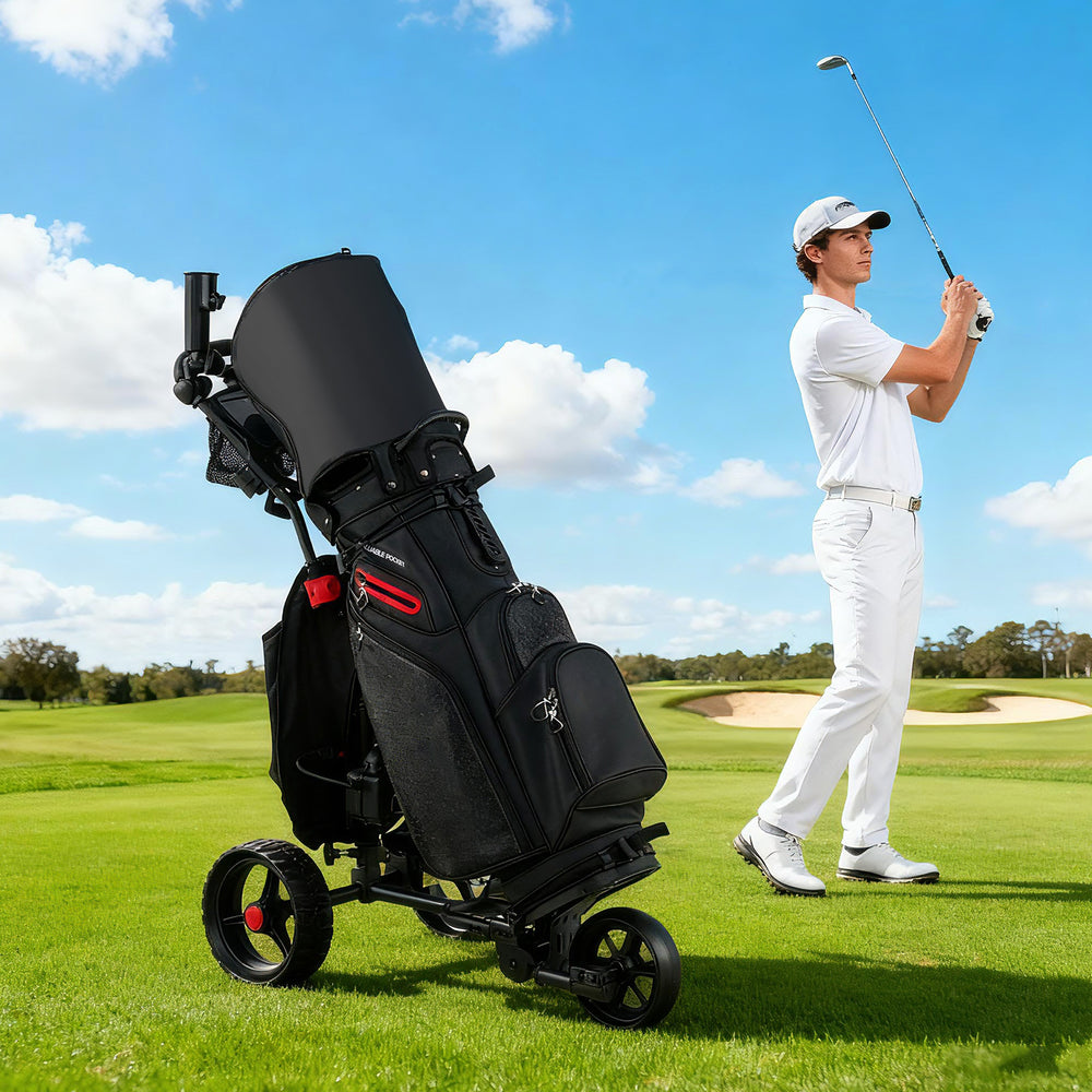 3 Wheel Golf Bag Cart with adjustable handle, 9 speed settings, and anti-slip wheels for smooth rolling on the course.
