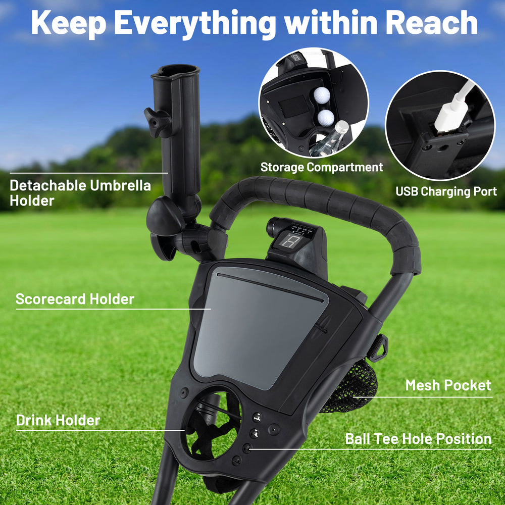 3 Wheel Golf Bag Cart features a drink holder, storage compartment, and USB charging port for convenience on the course.