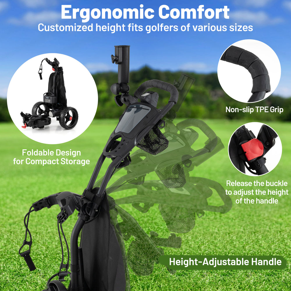 3 wheel golf bag cart with adjustable handle, featuring anti-slip grip and foldable design for easy storage on the.