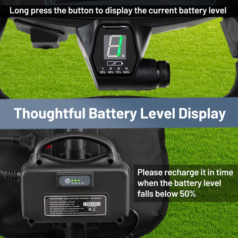 Battery level display on the 3 Wheel Golf Bag Cart, featuring adjustable handle and 9 speed settings for convenience.