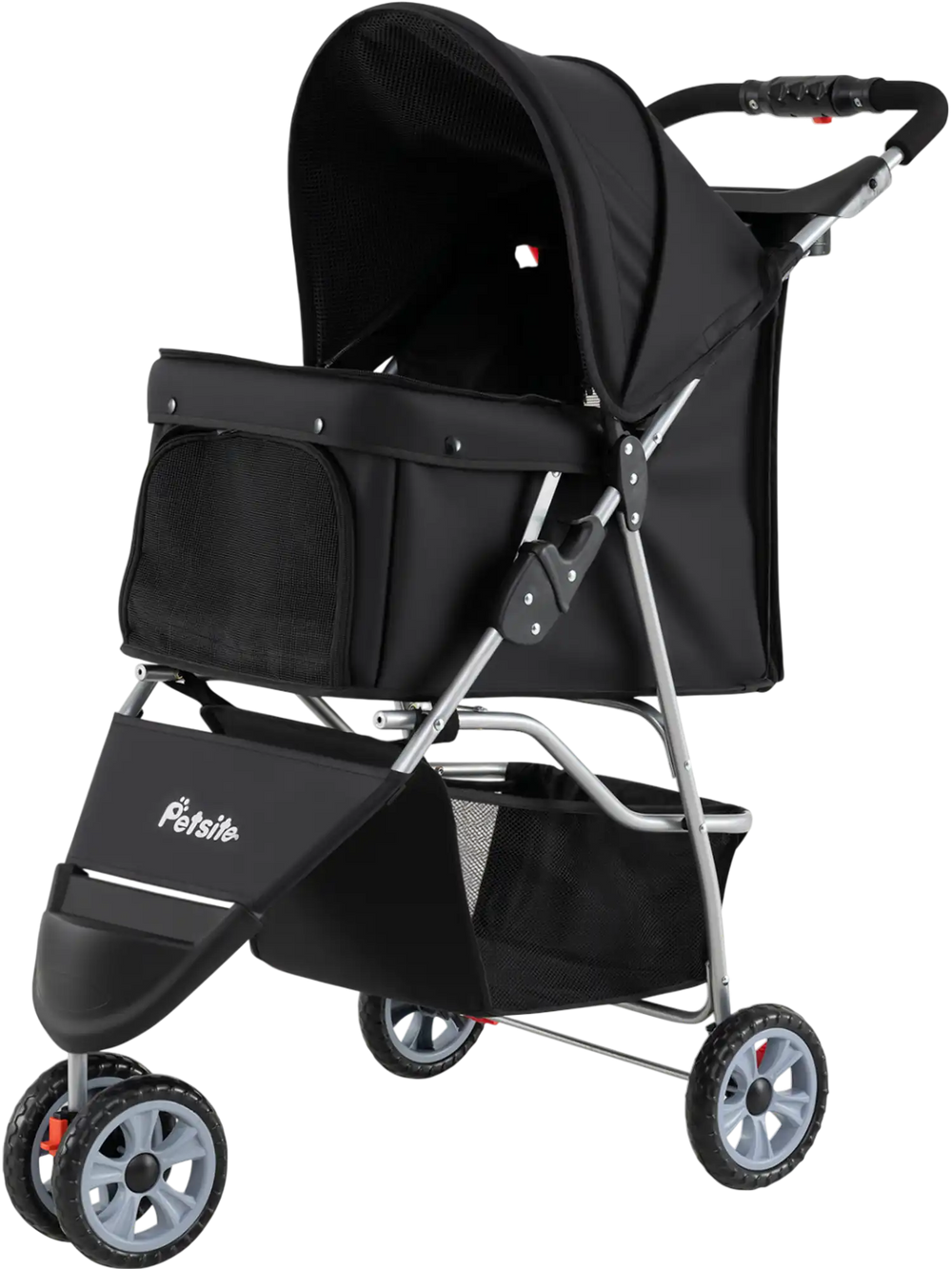 3 Wheel Pet Stroller in black for small dogs and cats, featuring adjustable canopy and spacious bottom basket for.