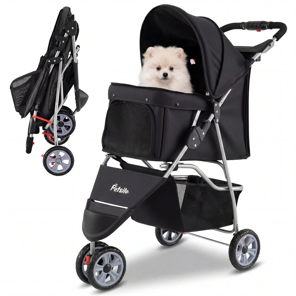 3 Wheel Pet Stroller in black with a cozy interior, ideal for small dogs and cats up to 33 lbs, shown in use.