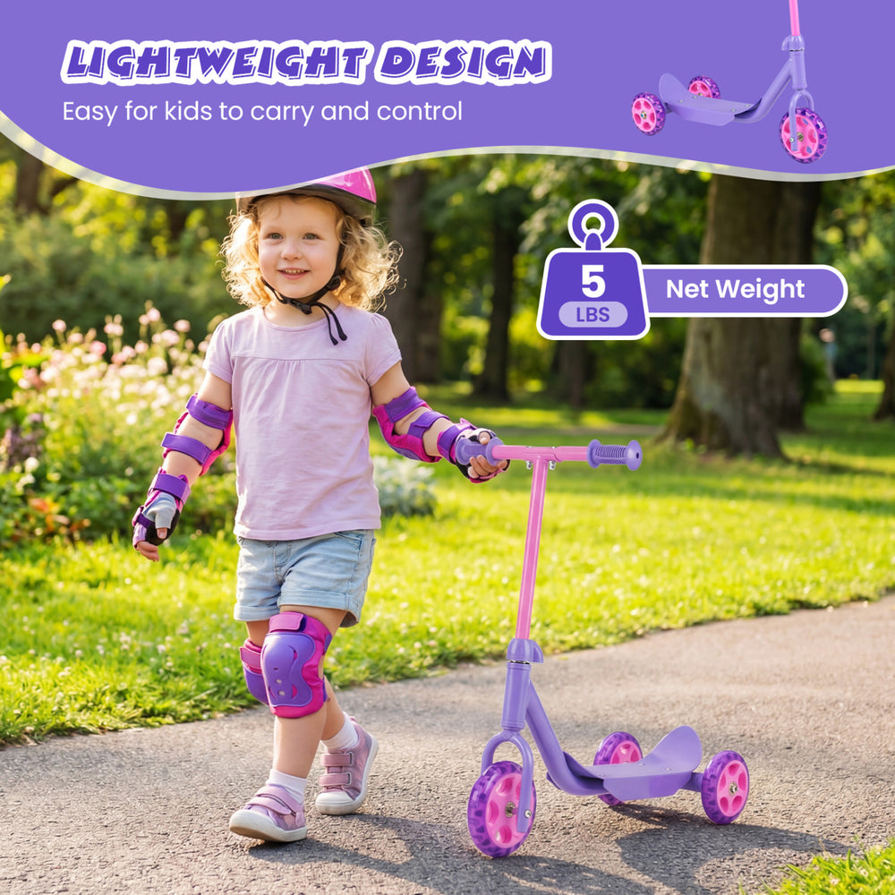3-wheel purple scooter for kids with LED light-up wheels, lightweight design, and anti-slip deck for stability.
