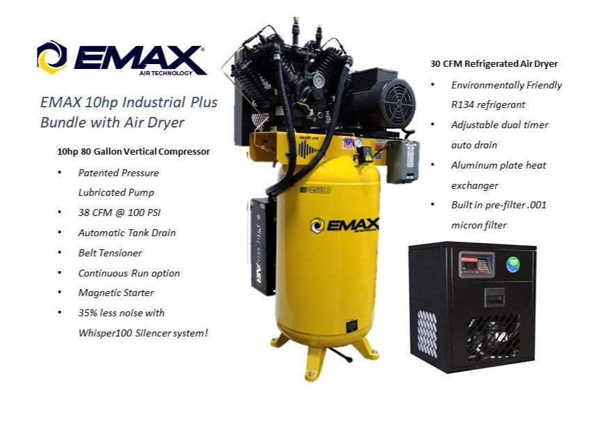 EMAX ESP10V080V1PK Industrial 80 Gal. 10 HP Oil-Lube Stationary Air Compressor with 115V 7.2 Amp Refrigerated Corded Air Dryer Bundle New