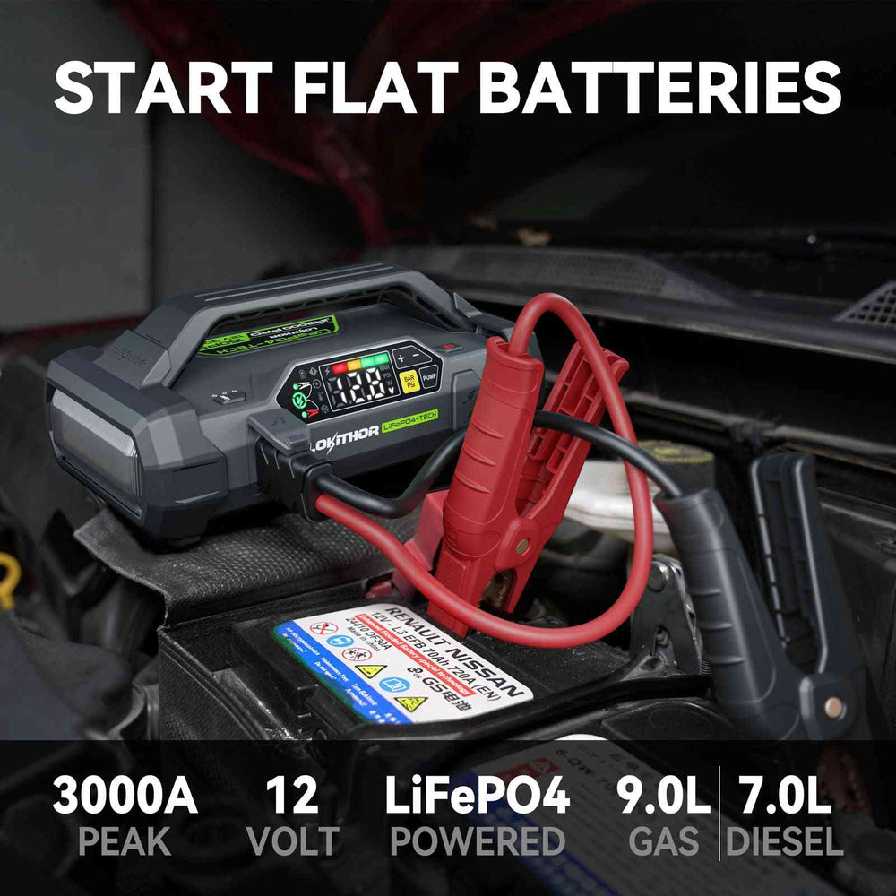 LOKITHOR JA3000 PRO LiFePO4 Jump Starter 3000A with 150PSI Air Compressor for 9.0L Gas / 7.0L Diesel