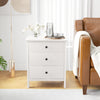 White 3-drawer wooden nightstand with smooth metal slides and easy-to-grip knobs, perfect for bedroom or living room.