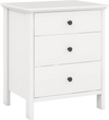 White 3-drawer wooden nightstand with smooth metal slides and easy-grip knobs, ideal for bedroom or living room use.