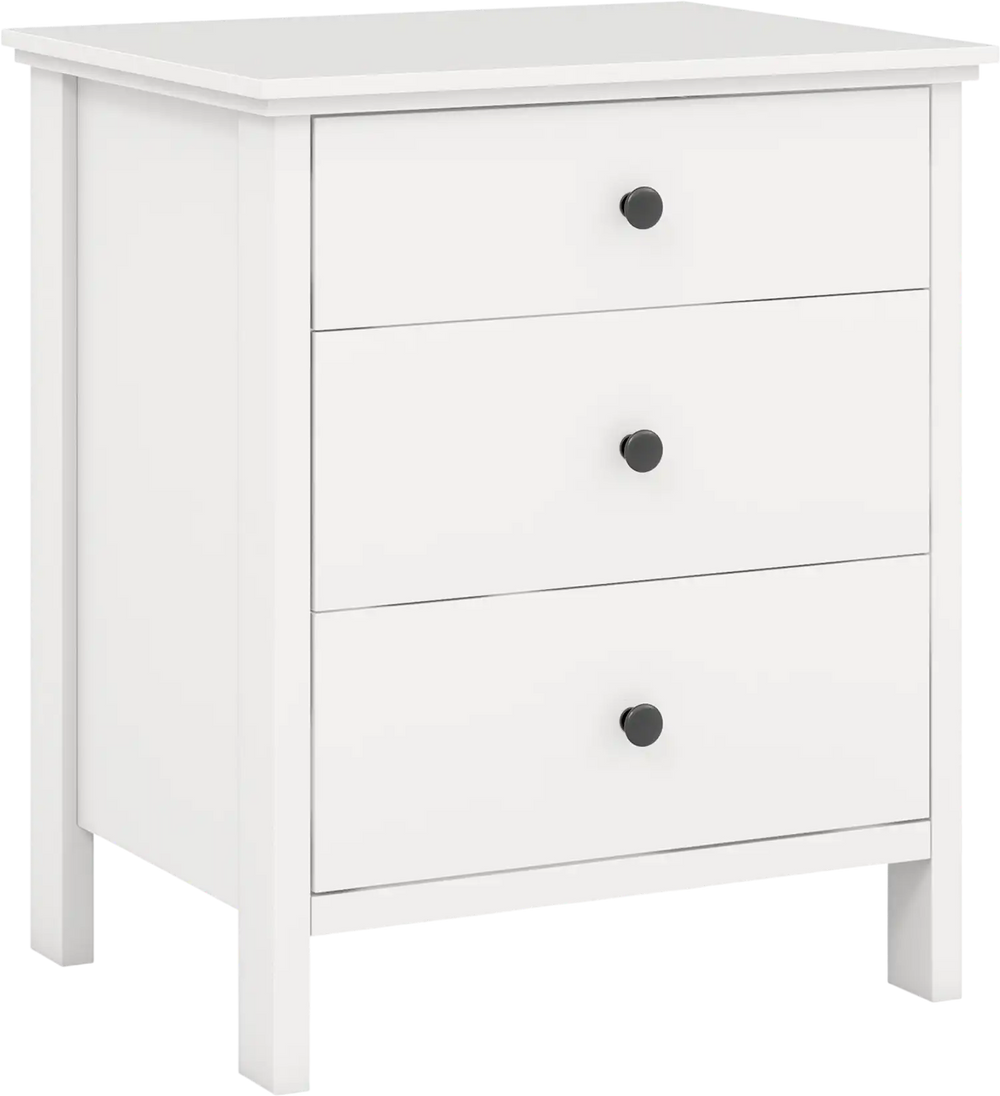 White 3-drawer wooden nightstand with smooth metal slides and easy-grip knobs, ideal for bedroom or living room use.