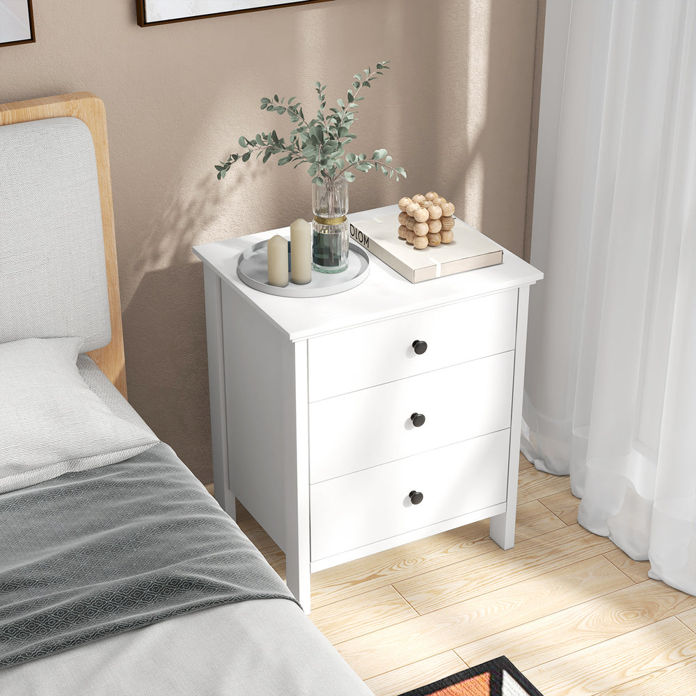White 3-drawer wooden nightstand with smooth metal slides, perfect for bedroom organization and versatile use.