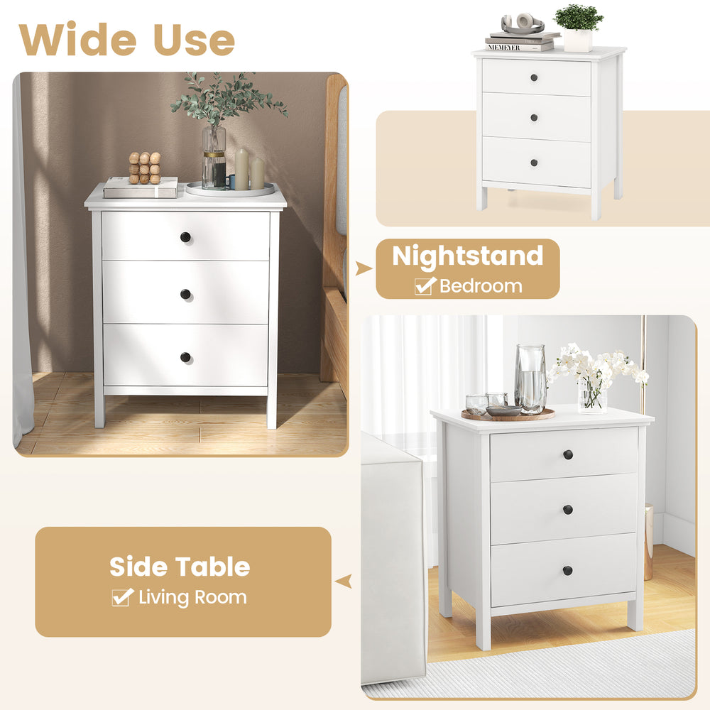 3-drawer white wooden nightstand with smooth metal slides and easy-grip knobs, ideal for bedroom or living room use.