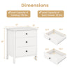 3-drawer white wooden nightstand with dimensions, featuring a wide tabletop and smooth metal slides for easy access.