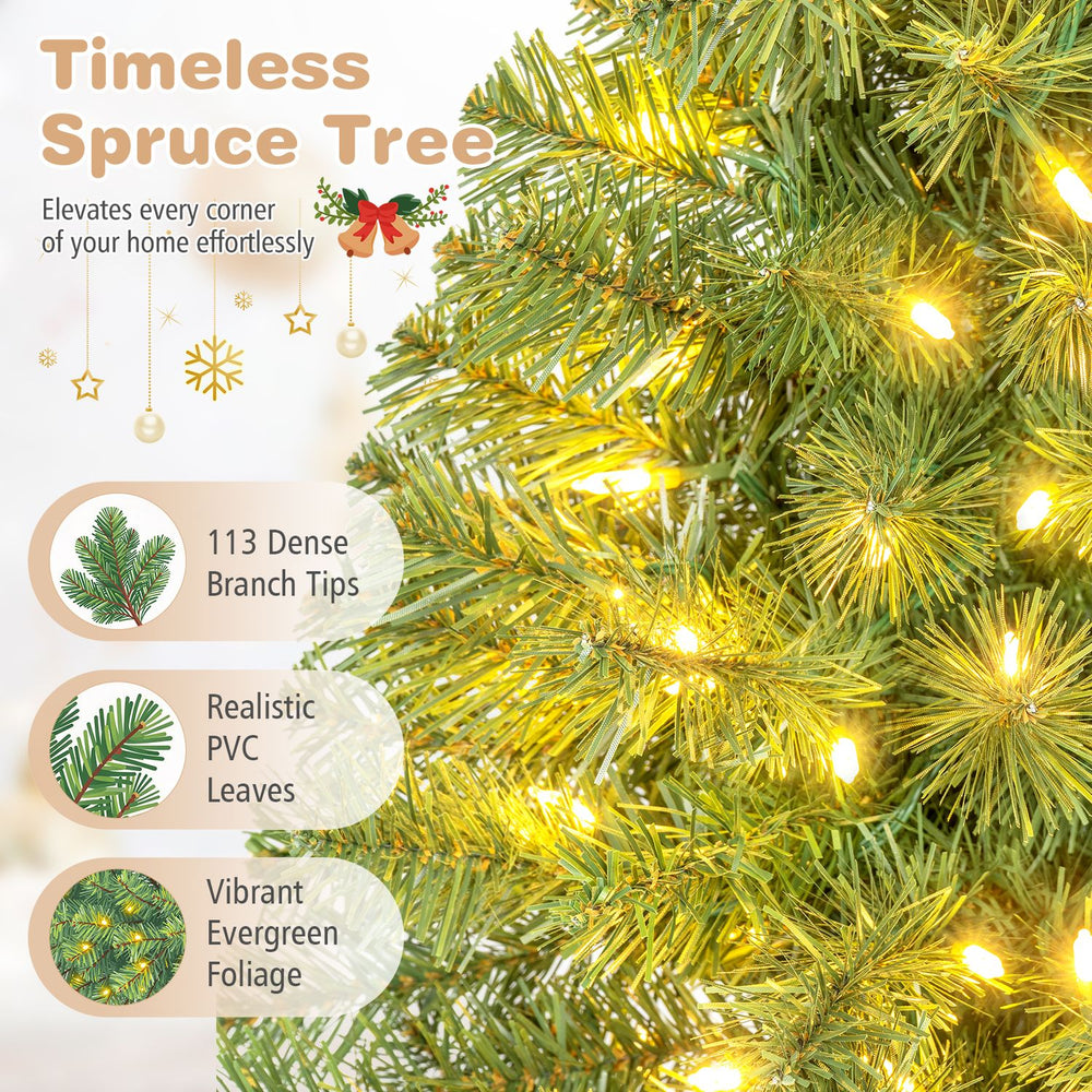 3 ft pre-lit artificial mini Christmas tree with 100 warm white LED lights and 113 dense branch tips for festive charm.