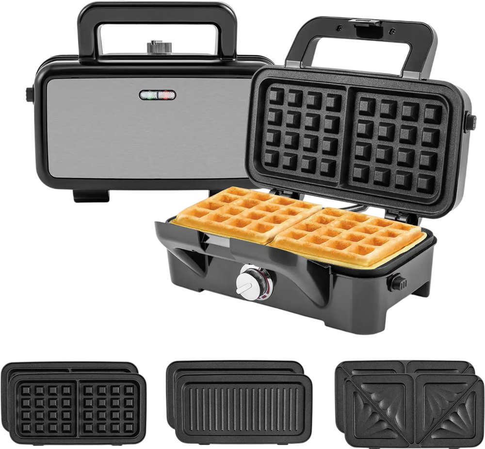 3-in-1 sandwich maker with removable non-stick plates, featuring waffle, grilling, and sandwich options for versatile.