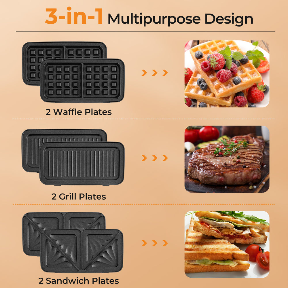 3-in-1 sandwich maker with removable non-stick plates, includes waffle, grill, and sandwich options for versatile.