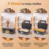 3-in-1 sandwich maker with removable non-stick plates, shown in use for making waffles, featuring a sleek black design.