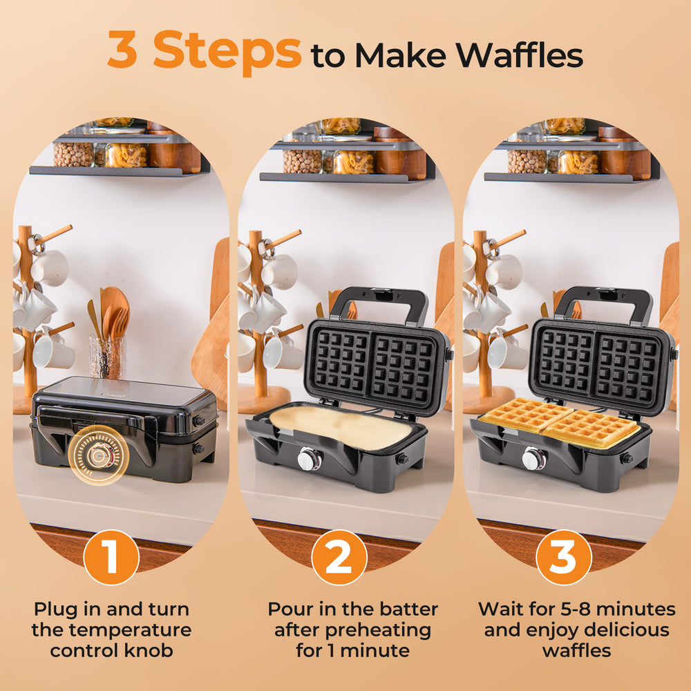 3-in-1 sandwich maker with removable non-stick plates, shown in use for making waffles, featuring a sleek black design.