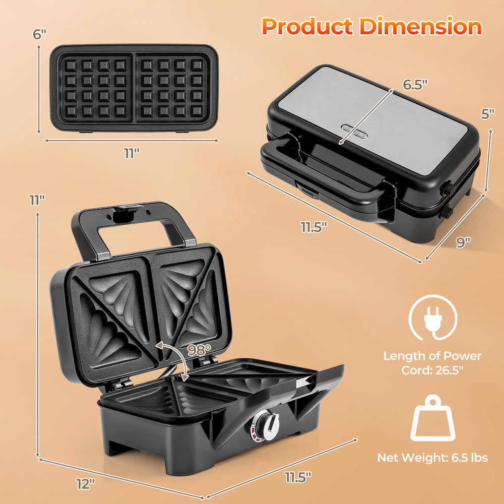 3-in-1 sandwich maker with removable non-stick plates, featuring a foldable design and 1082W power for versatile.