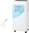 Portable 8000 BTU air conditioner in white with remote control, featuring cooling, fan, and dry modes for up to 250.