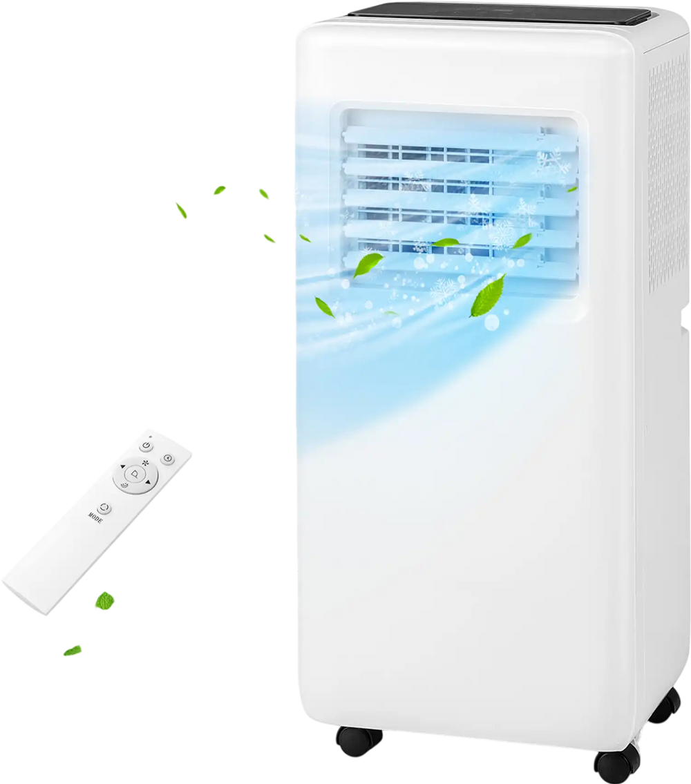 Portable 8000 BTU air conditioner in white with remote control, featuring cooling, fan, and dry modes for up to 250.