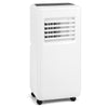 Portable 8000 BTU air conditioner in white with remote control, featuring 3 modes and 4 wheels for easy mobility.