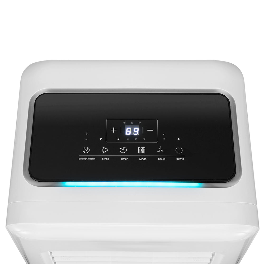 Control panel of the 3-in-1 8000 BTU portable air conditioner with remote, featuring adjustable settings and ambient.