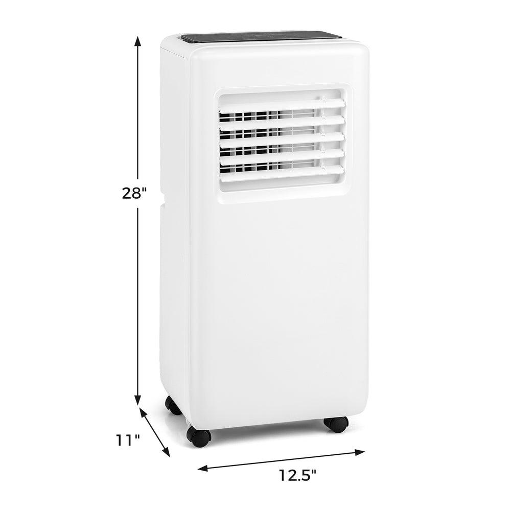 Portable 8000 BTU air conditioner in white, featuring a sleek design, remote control, and adjustable settings for.