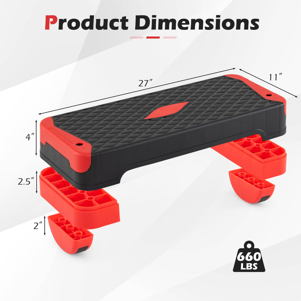 3-in-1 aerobic step platform with red accents, dimensions 27"x11"x4", supports 660 lbs for versatile home workouts.