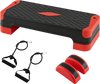 3-in-1 aerobic step platform set in red with stackable risers and resistance bands for versatile home workouts.