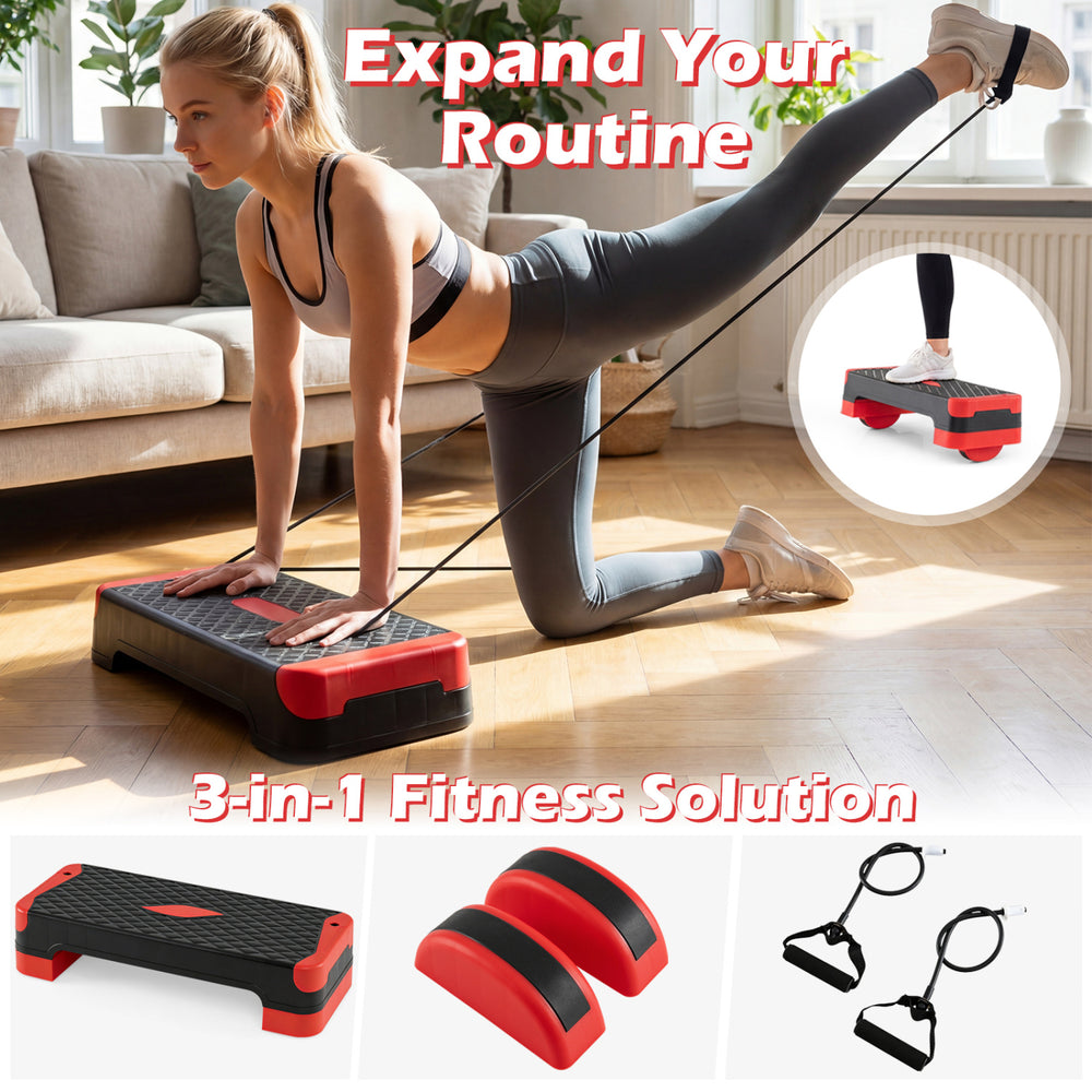 Aerobic step platform set with stackable risers and balance trainers, ideal for home workouts and strength training.