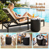 Black 3-in-1 outdoor umbrella table serves as a base, side table, and cooler, designed for weather resistance and stability.