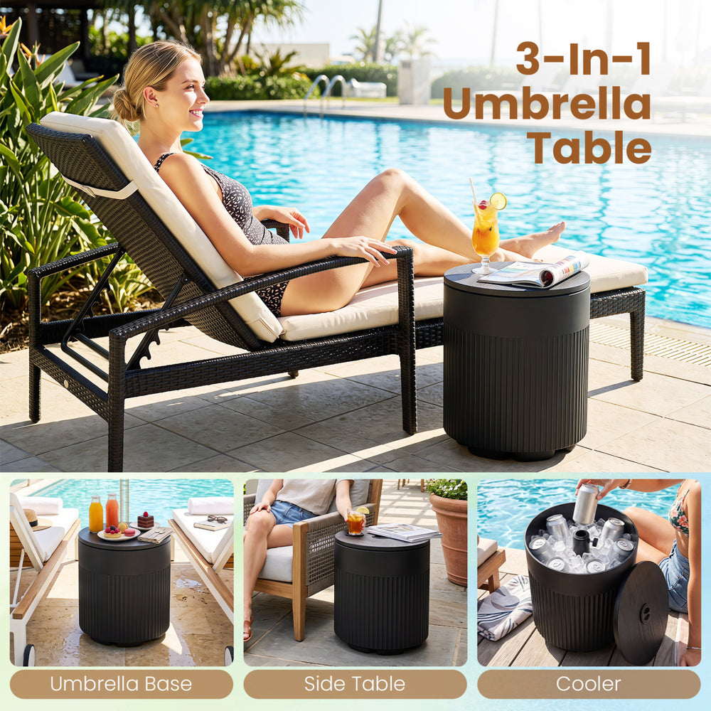 Black 3-in-1 outdoor umbrella table serves as a base, side table, and cooler, designed for weather resistance and stability.