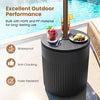 3-in-1 outdoor HDPE umbrella base in black with water bag, designed for stability and weather resistance on patios.