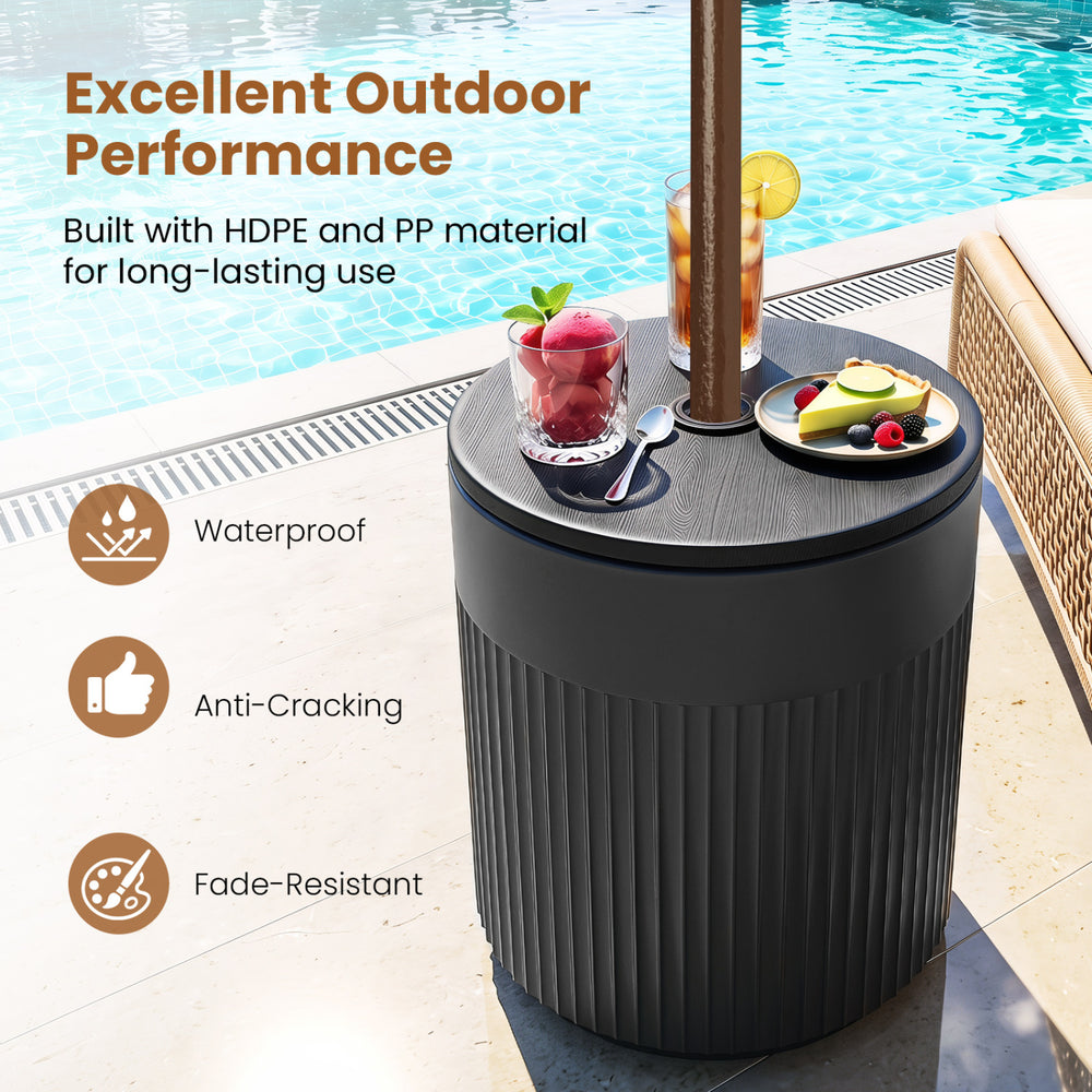 3-in-1 outdoor HDPE umbrella base in black with water bag, designed for stability and weather resistance on patios.