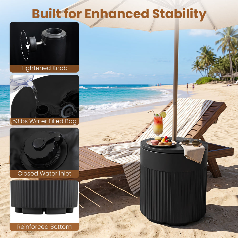 Black 3-in-1 outdoor umbrella base with a water bag, designed for stability and easy assembly on patios.