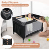 Portable baby crib and playpen in black with changing table, breathable mesh walls, and 7-point support for safety.