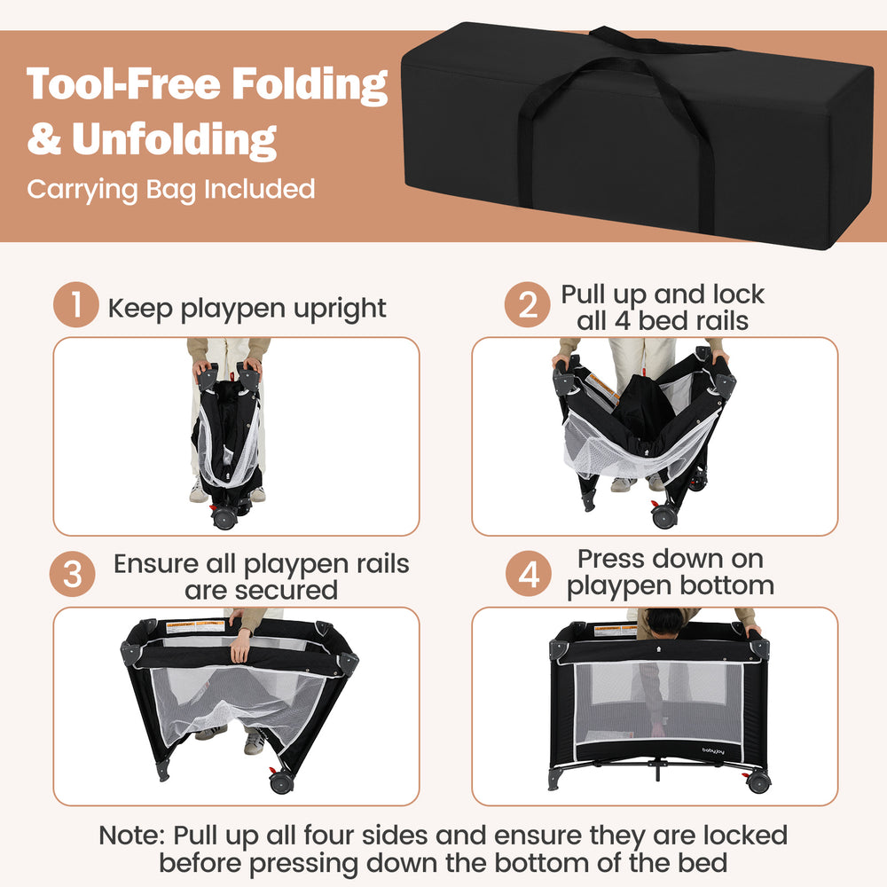 Portable baby crib and playpen in black, featuring a changing table and foldable design for easy transport and setup.