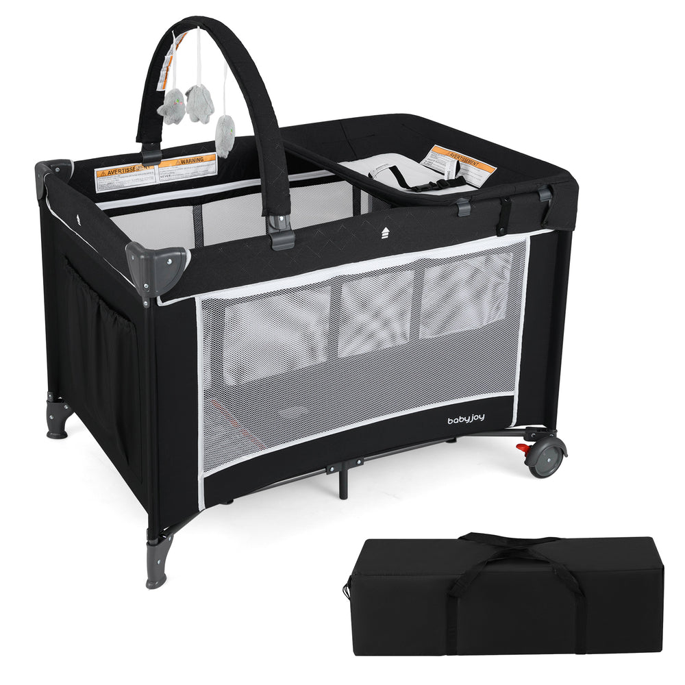 3-in-1 portable baby crib and playpen in black with changing table, mesh walls, and detachable toy bar for safety and.