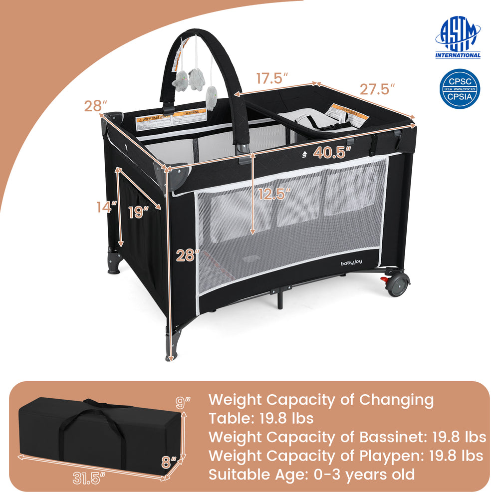 3-in-1 portable baby crib and playpen in black with changing table, mesh walls, and detachable toy bar for infants.