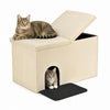 Beige 3-in-1 cat litter box enclosure with removable divider, featuring a comfortable upholstered bench and non-slip mat.