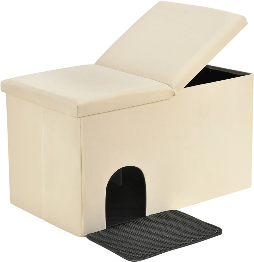 Beige 3-in-1 cat litter box enclosure with a hidden washroom, offering privacy and easy access for your pet's comfort.