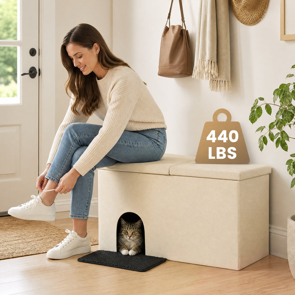 Beige 3-in-1 cat litter box enclosure features a removable divider, offering privacy and comfort for pets up to 440 lbs.