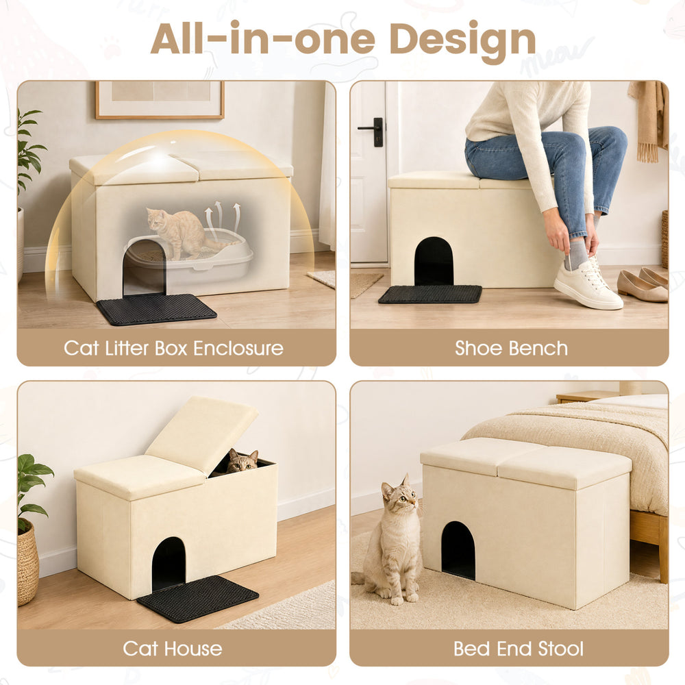Beige 3-in-1 cat litter box enclosure features a removable divider, comfortable bench, and waterproof mat for easy cleaning.