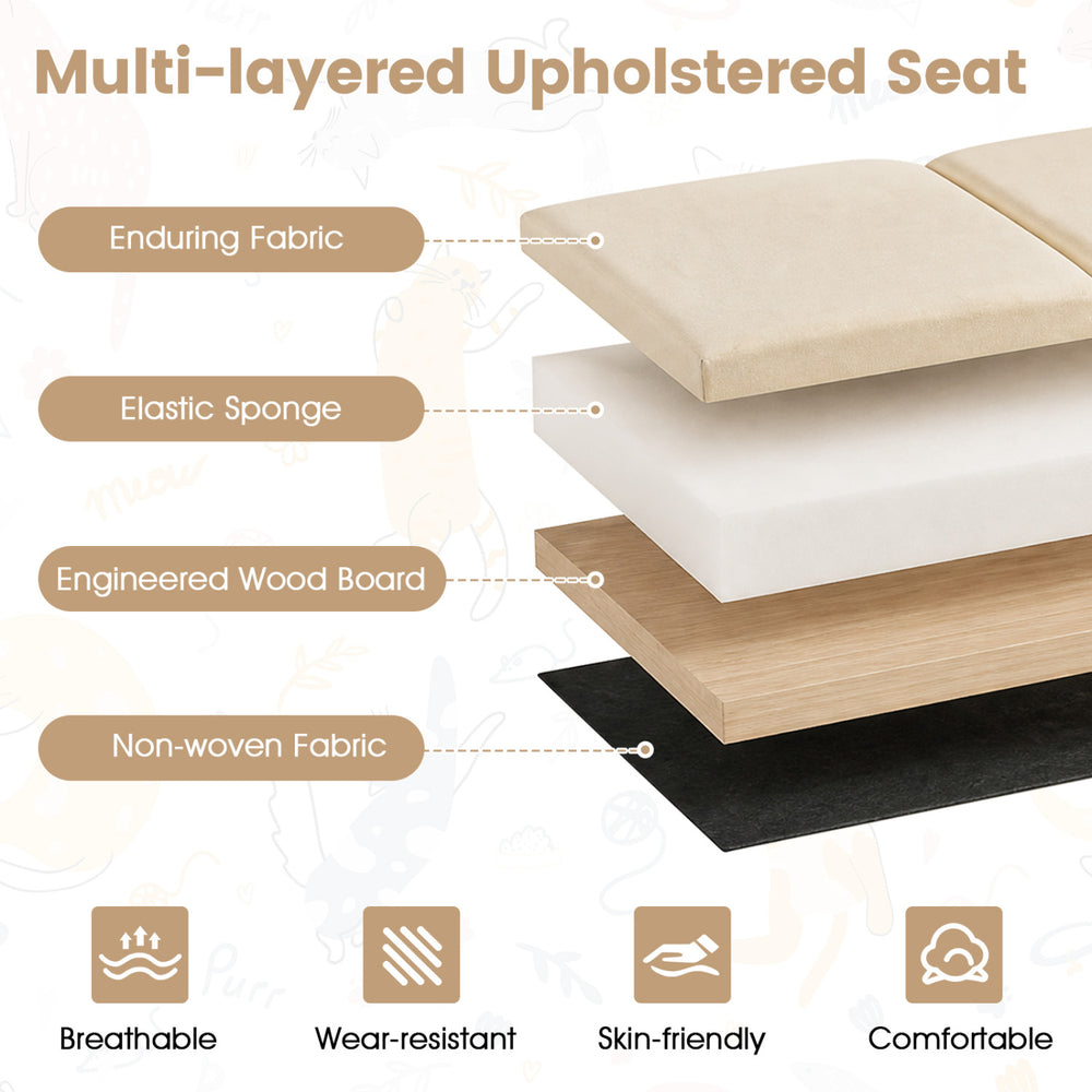 Multi-layered upholstered seat with high-density sponge and oxford hemp for comfort and durability in a cat litter box enclosure.