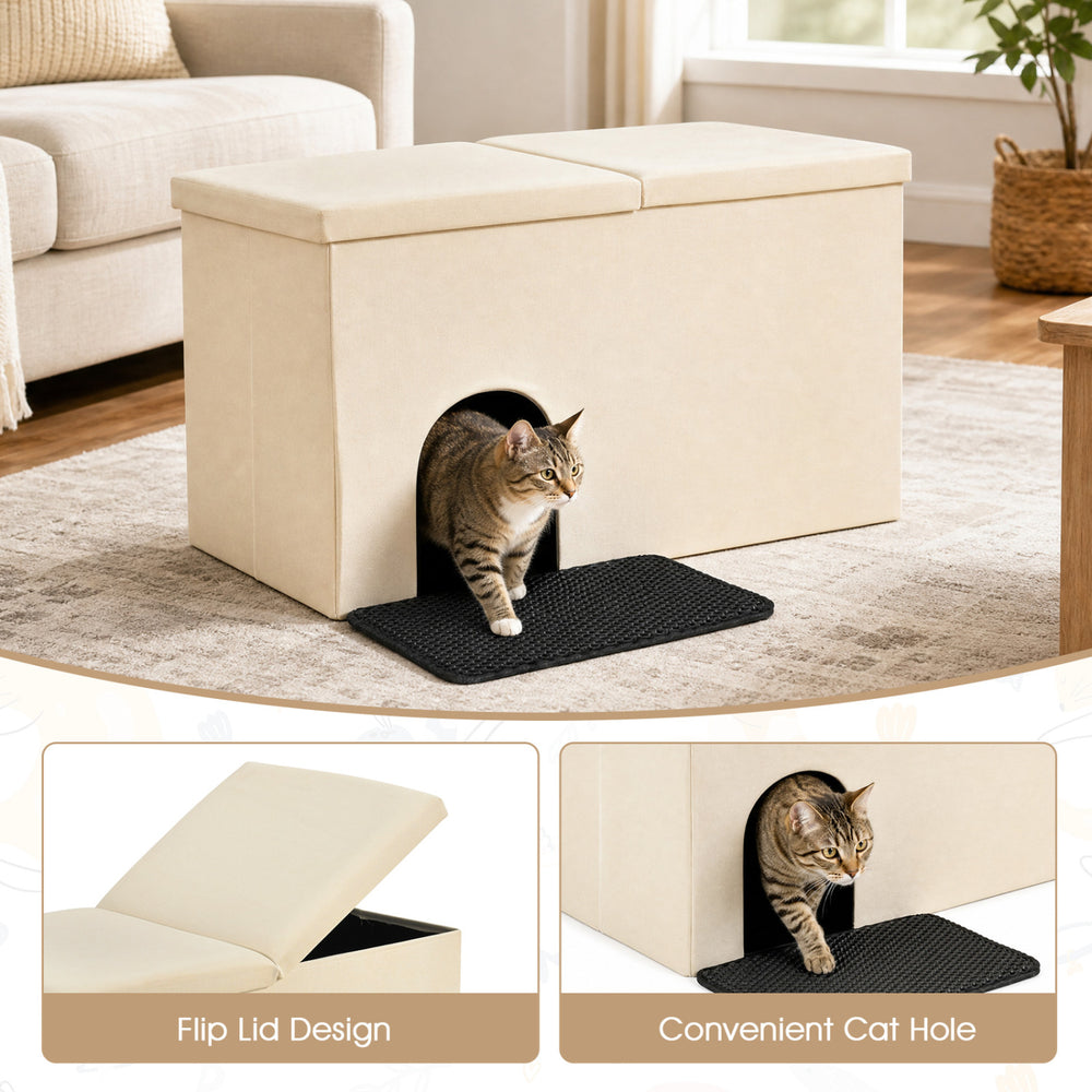 Beige 3-in-1 cat litter box enclosure with a convenient flip lid design and removable divider for pet privacy.