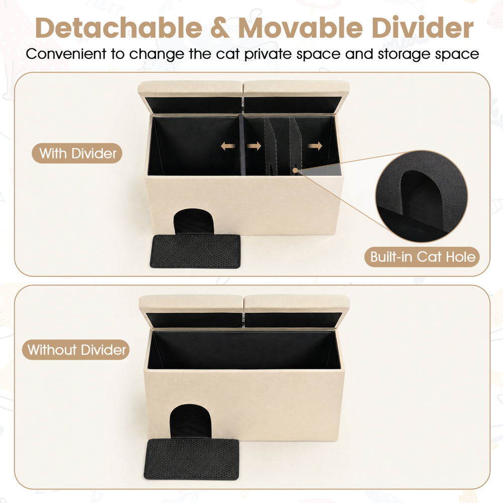 3-in-1 beige cat litter box enclosure with removable divider, featuring a built-in cat hole and waterproof lining for easy cleaning.