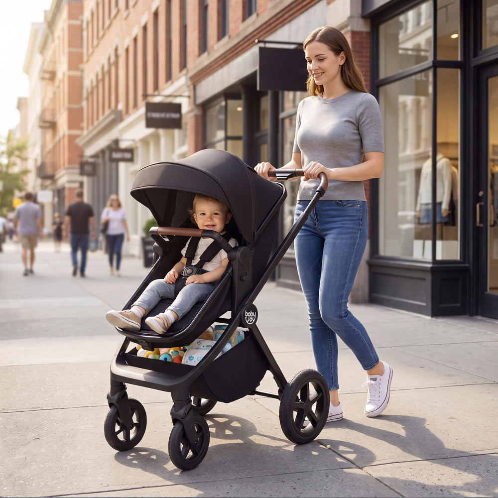 3-in-1 convertible high landscape bassinet stroller in black with adjustable backrest and ample storage for baby essentials.