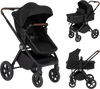 3-in-1 convertible high landscape bassinet stroller in black with adjustable backrest and 5-point safety belt for child comfort.